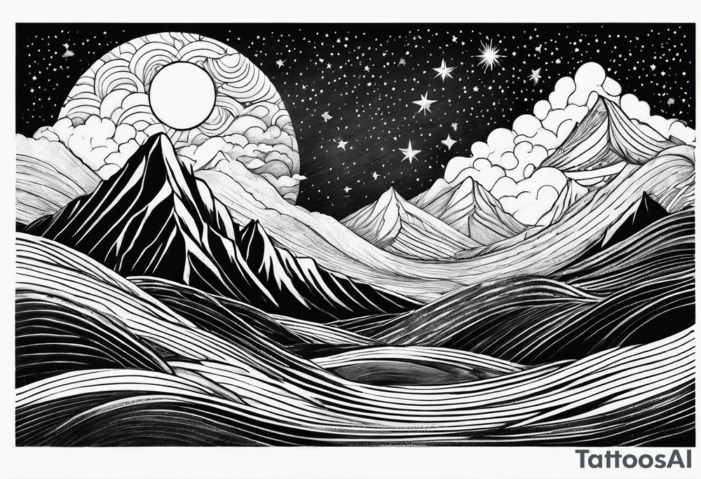 Waves becoming Mountains. Starry sky becoming cloudy Sky. Sun becoming moon tattoo idea