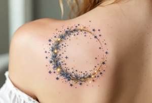 A storybook wheel with an enchanted twist, floating mid-air, spinning golden thread, surrounded by sparkling stars and silver dust (no glow effect). tattoo idea