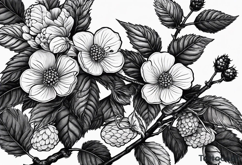 a long raspberry branch that focuses on line work. Includes a small signature in the branch that says "Popkin" tattoo idea