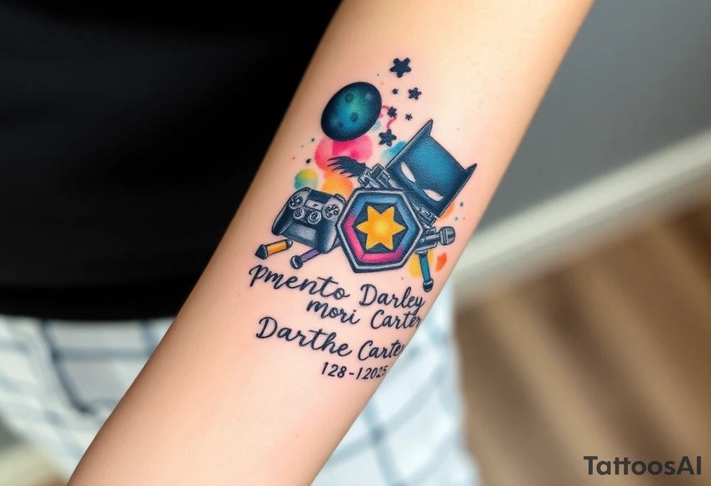 colorful futuristic memory tattoo for passed boyfriend;, star wars, space, Harley Davidson, batman, skateboarding, camping, puzzle pieces, video games, heaven, god, outdoors, bullets, words MEMENTO MORI & DARTH CARTER 12/29/88-01/06/2025 tattoo idea