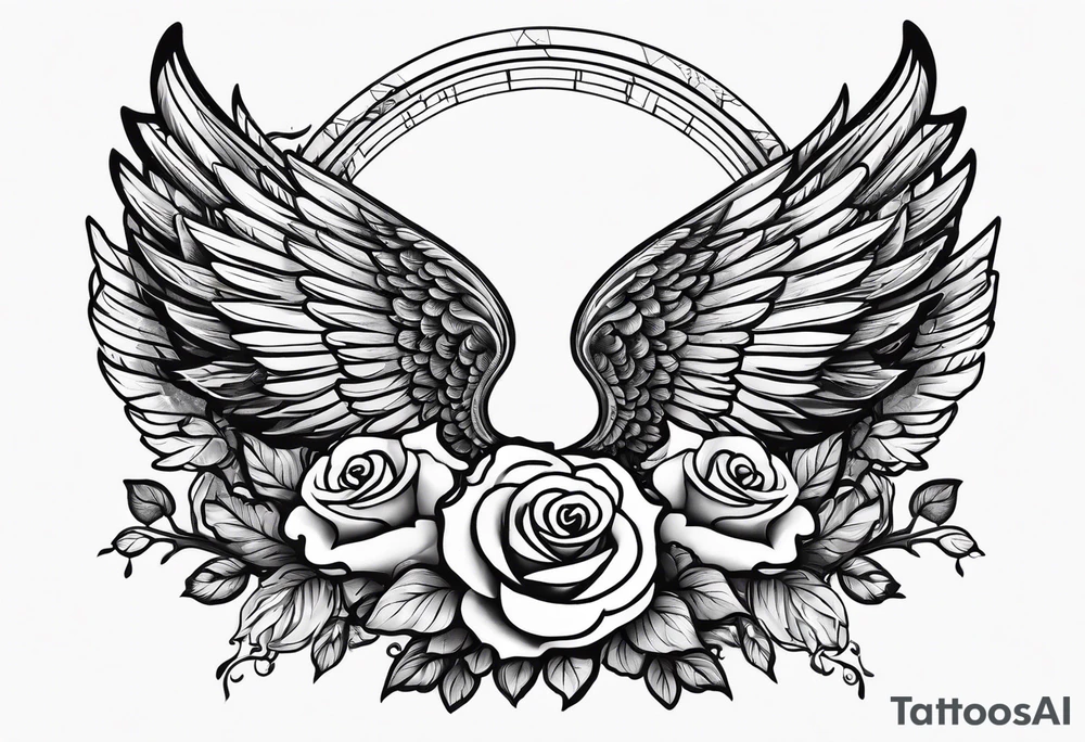 angel wing with roses and plants tattoo idea