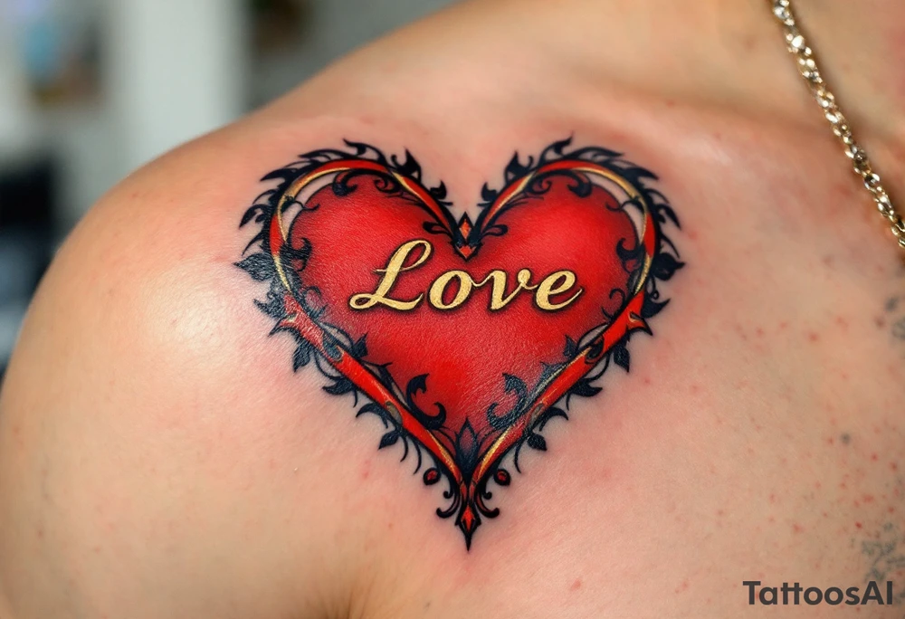 A bold red heart tattoo with the couple’s names inside, shaded with black and outlined in gold, symbolizing passionate love. tattoo idea
