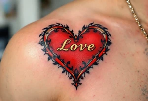 A bold red heart tattoo with the couple’s names inside, shaded with black and outlined in gold, symbolizing passionate love. tattoo idea