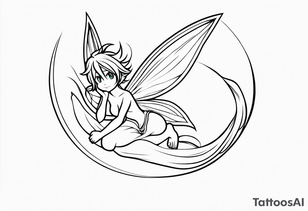 No color fairy with a tail inspired by the logo of the anime show called Fairy Tail in a fetal position leaning in and forward while in the air floating and sleeping tattoo idea