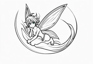 No color fairy with a tail inspired by the logo of the anime show called Fairy Tail in a fetal position leaning in and forward while in the air floating and sleeping tattoo idea