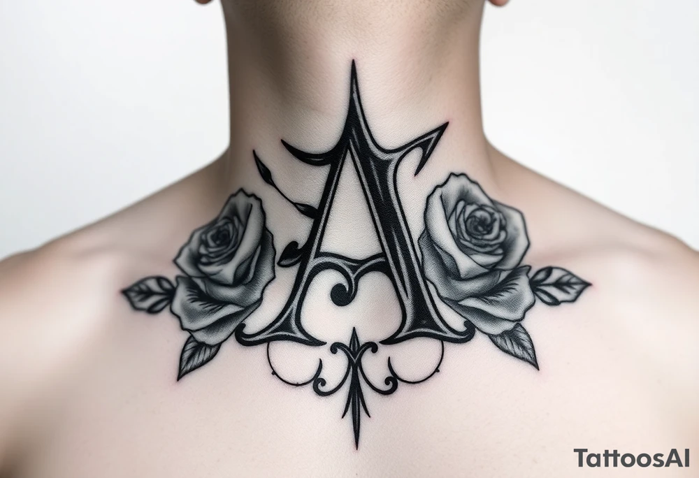 Create a throat tattoo using old english font of Letter A with subtle rose background tattoo idea
