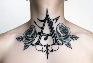 Create a throat tattoo using old english font of Letter A with subtle rose background tattoo idea