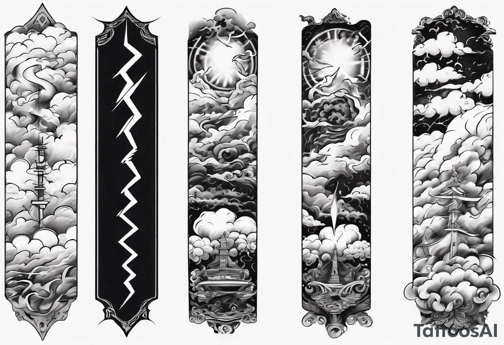 forearm sleeve lightning and clouds pattern tattoo idea