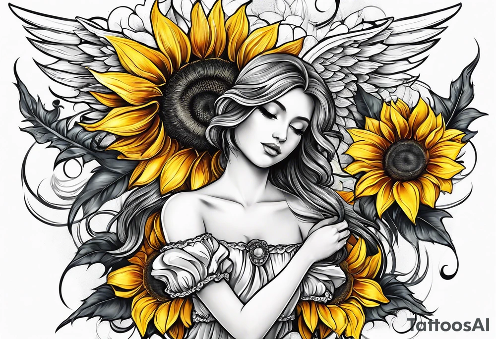 Sunflowers and angel wings leg sleeve tattoo idea
