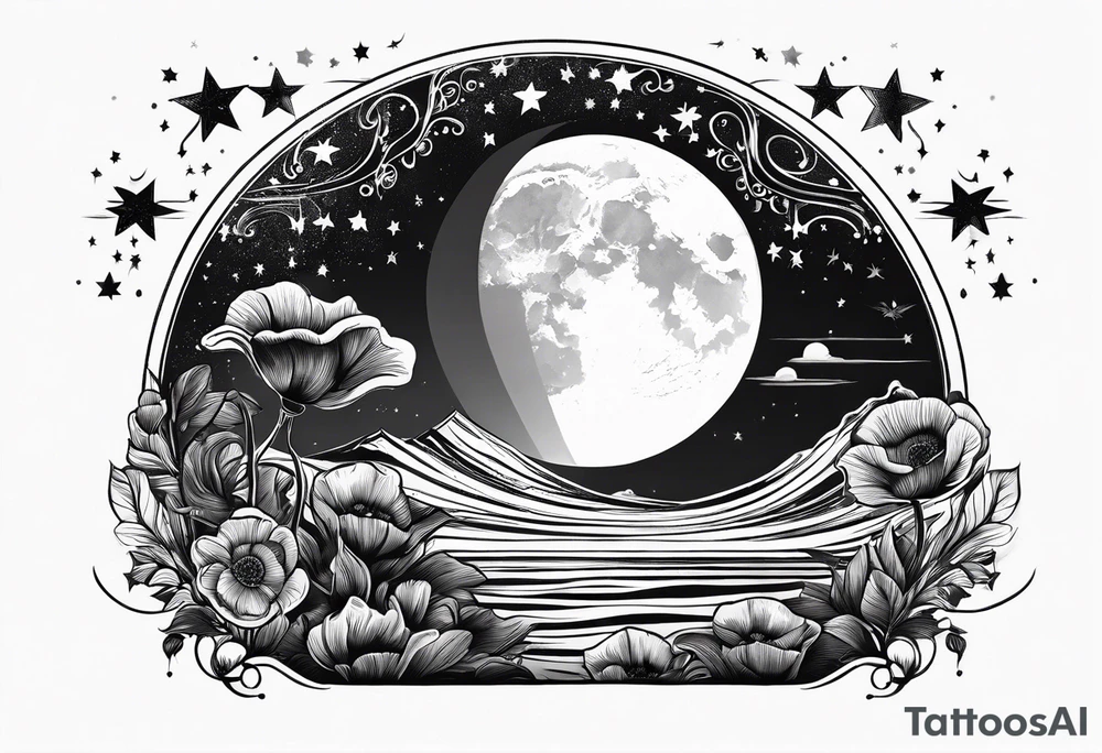 fine line vertical spine tattoo with stars, moon, clouds, poppy tattoo idea