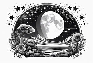 fine line vertical spine tattoo with stars, moon, clouds, poppy tattoo idea