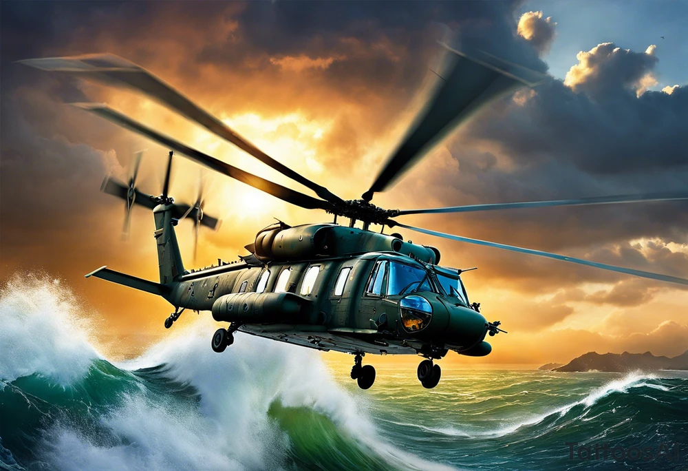 A cinematic-style tattoo depicting a Canadian military CH-148 Cyclone helicopter performing a daring maneuver over a turbulent ocean. The sky should be filled with dramatic clouds, and the sun should be setting, casting long shadows. The helicopter should be the main focus, with intricate details and a sense of motion. In the background, a poppy should be prominently displayed, and a quote from 'Lest We Forget' should be included, black and white tattoo idea