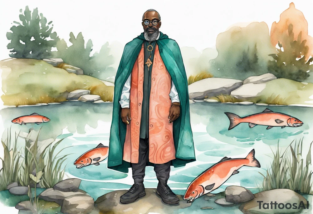 a 50-year-old medieval black man wearing salmon and teal cloak and round glasses standing by a pond with a salmon in it tattoo idea