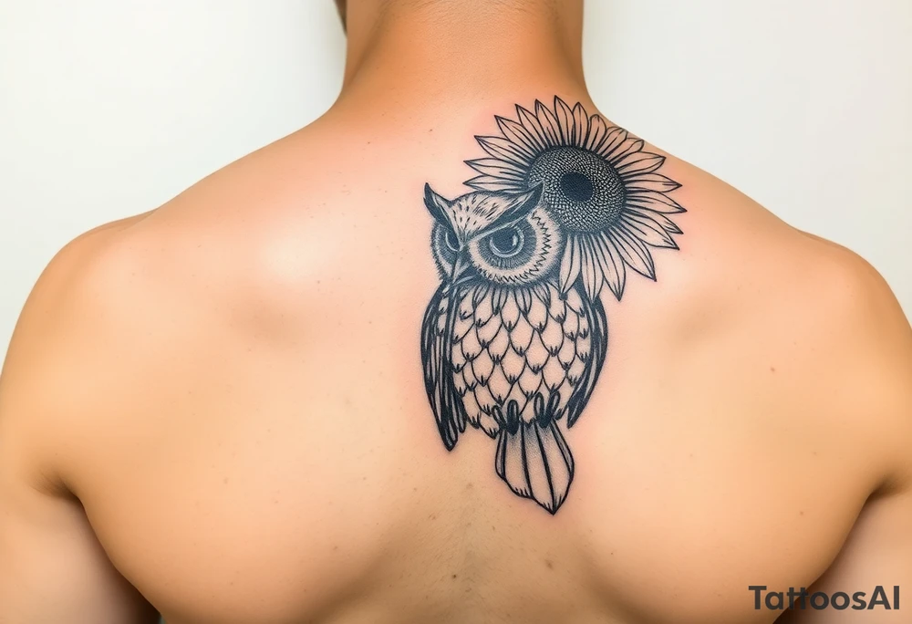 Sunflower and whimsical owl design tattoo idea
