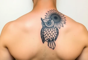 Sunflower and whimsical owl design tattoo idea