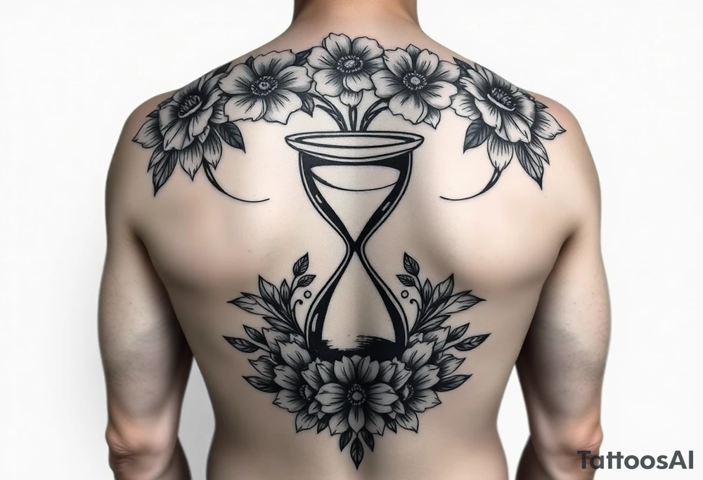 A full back tattoo with soft florals at the top. In the middle, there’s an hourglass. And below it is soft, florals, connecting to the flowers at the top. 
Include sexy mandala pattern lines that curve with the back tattoo idea