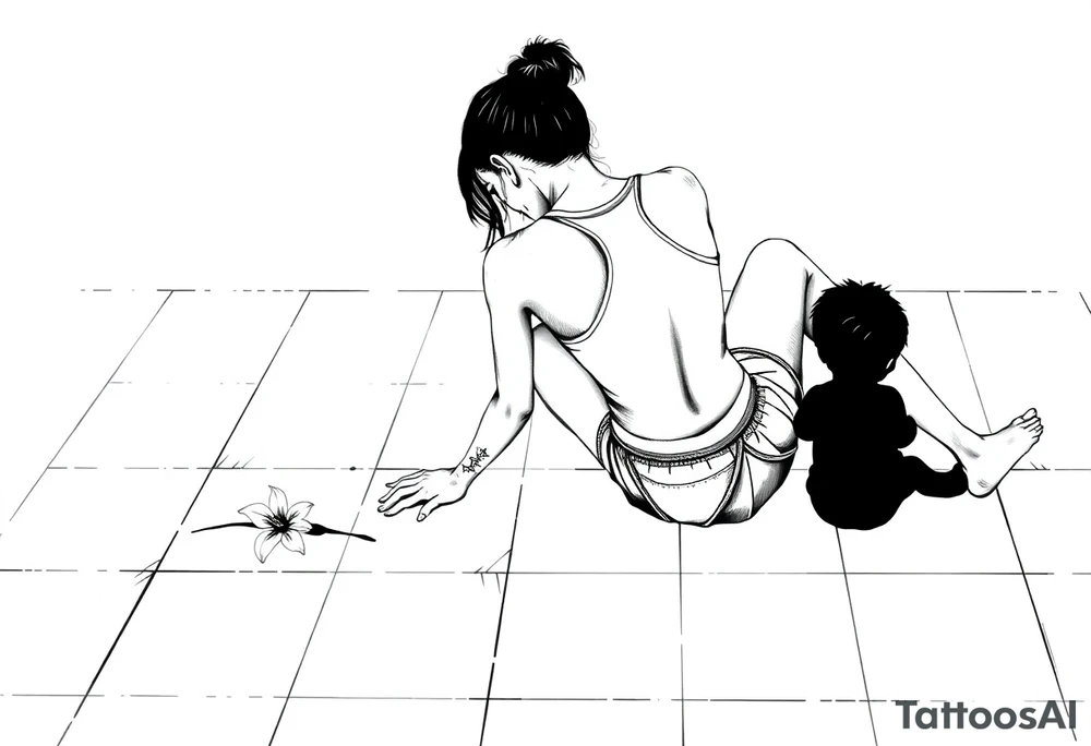 a tile floor with a minimalist realistic silhouette of the back of a thin woman sitting curled on the tile floor and a black silhouette of a young child sitting next to her with a lily next to them on the floor. The woman is wearing a Racerback tank top, running shorts, has dark hair pulled up high, and her head is down. tattoo idea