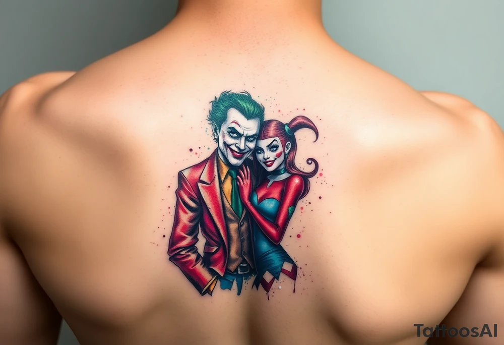 graphic 3d joker and Harley quin together design tattoo idea