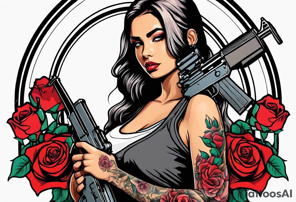 Beautiful woman angle holding a AK 47 surrounded by roses tattoo idea