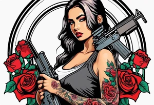 Beautiful woman angle holding a AK 47 surrounded by roses tattoo idea