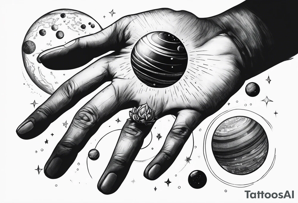 Human hand dangling planets from fingertips tattoo idea