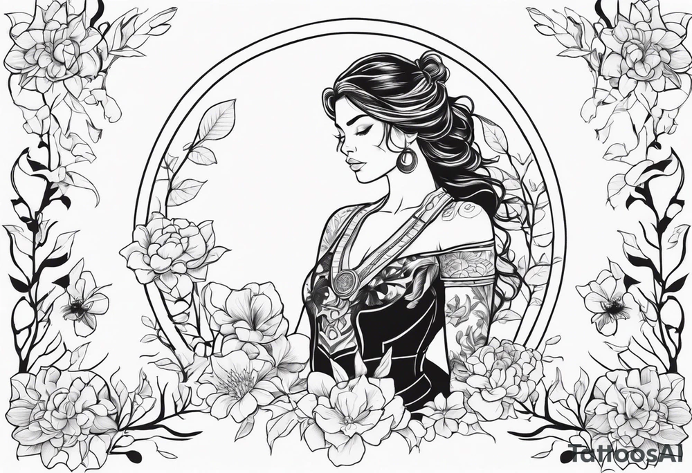 Full body Powerful sexy warrior woman wearing animal fur surrounded by flowers and vines tattoo idea