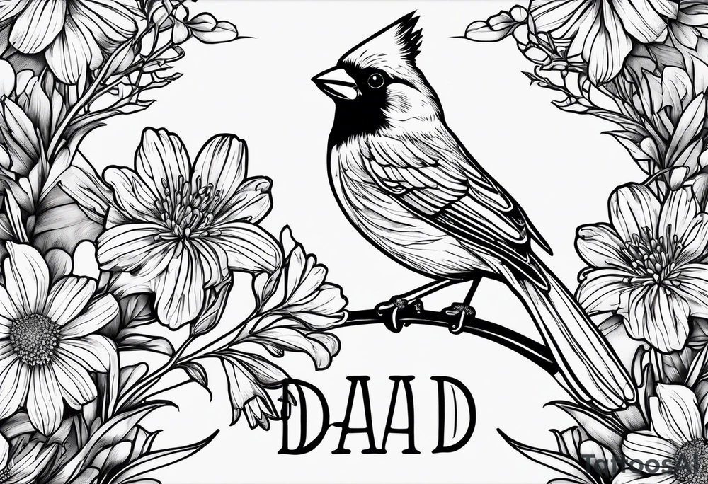 Aster flowers and sea rocket flowers with a cardinal around the words Dad tattoo idea