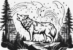 thunderstorm over a forest and a wolf howling tattoo idea