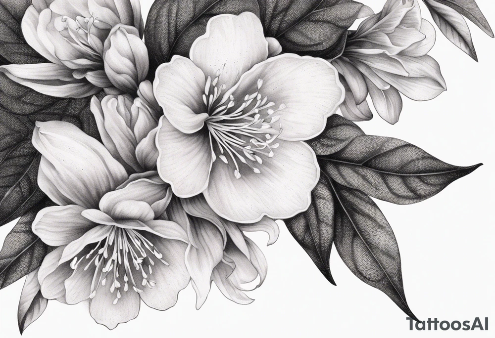 Azaleas, buds, leaves; curved design tattoo idea