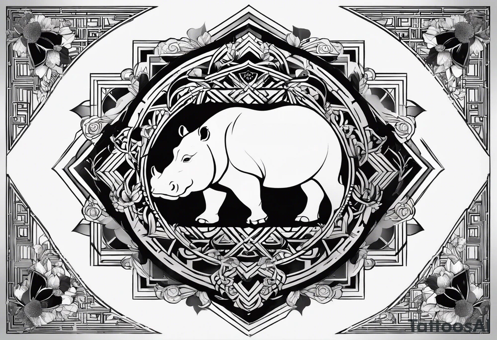 Very asymmetrical, +geometric pattern, with realistic full moon, with hippo, +zen feel, + Buddhism touch, +tribal, +geometric, +inkart 
with wintersweet flower bud, +portrait orientation, +inkart touch, tattoo idea