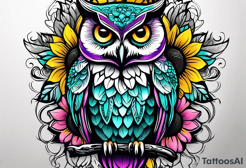 Leg Sleeve with black and white owl that's lightly shaded teal, pink and purple and yellow sunflowers tattoo idea