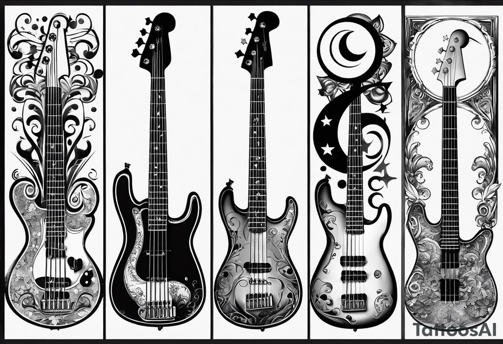 A well balanced tattoo full left arm with the following images: a bass guitar, 2 stars, 1  quarter moon, a caduceus symbol and a mickey mouse tattoo idea