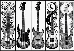 A well balanced tattoo full left arm with the following images: a bass guitar, 2 stars, 1  quarter moon, a caduceus symbol and a mickey mouse tattoo idea