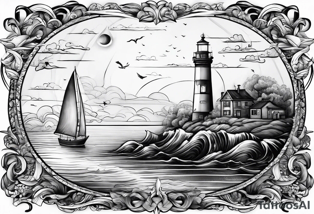 phare maritime dans un bateau a voiles vu du devant. tattoo idea