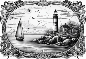 phare maritime dans un bateau a voiles vu du devant. tattoo idea