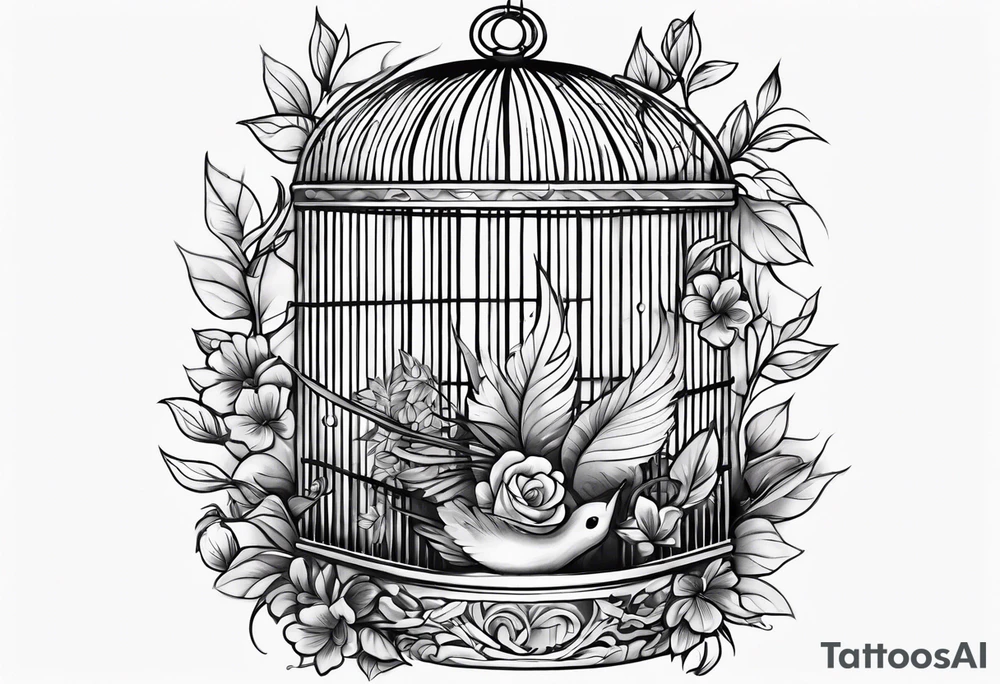 neo traditional foliage and flowers on the left top of a bird cage tattoo idea