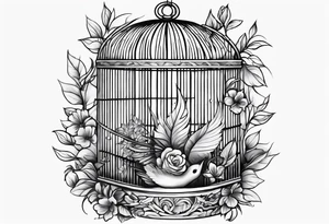 neo traditional foliage and flowers on the left top of a bird cage tattoo idea