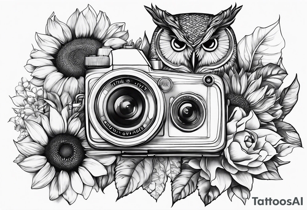 sunflower, camera, fish, owl tattoo idea