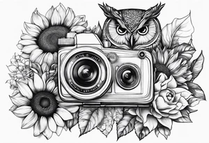 sunflower, camera, fish, owl tattoo idea