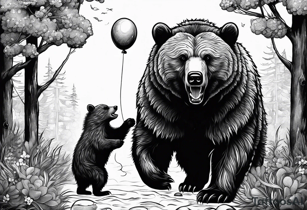 a big growling bear and a tiny hedgehog that stands hand has a balloon is his hands
 together. tattoo idea
