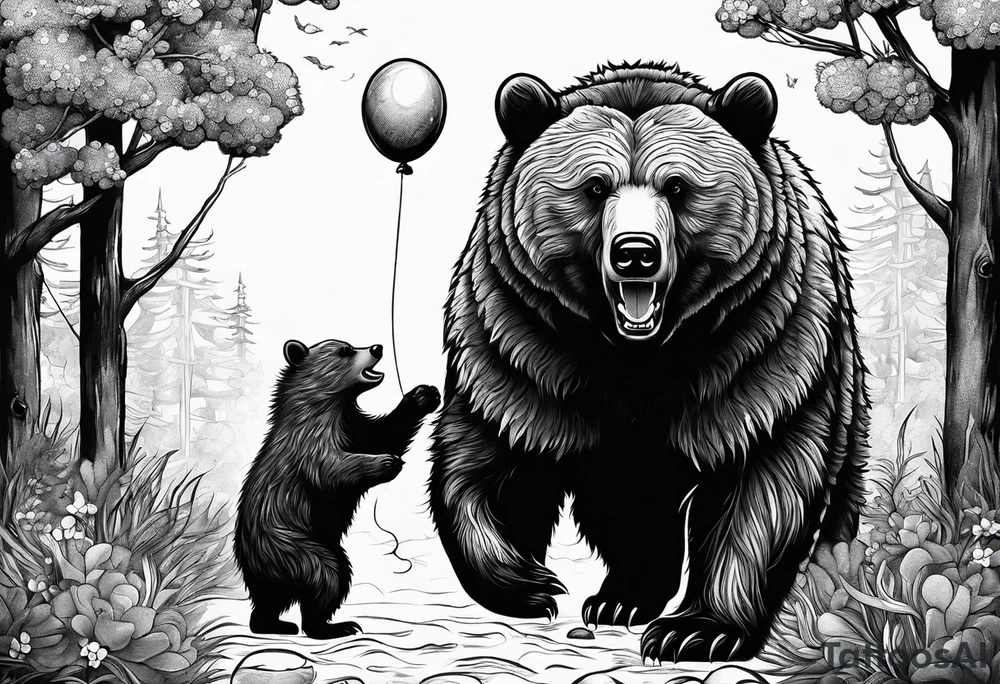 a big growling bear and a tiny hedgehog that stands hand has a balloon is his hands
together. tattoo idea
