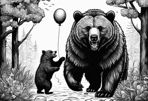 a big growling bear and a tiny hedgehog that stands hand has a balloon is his hands
 together. tattoo idea