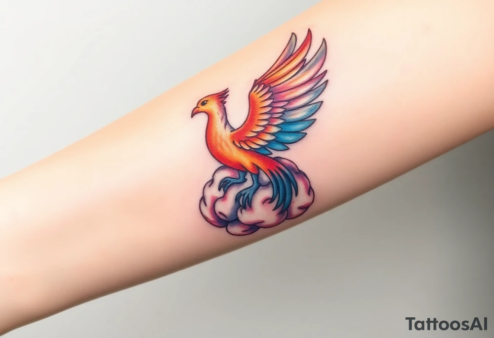 A phoenix rising out of a brain colorful tattoo idea