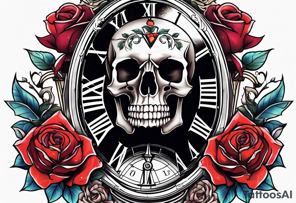 Skeleton with roses with clock tattoo tattoo idea
