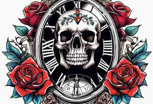 Skeleton with roses with clock tattoo tattoo idea