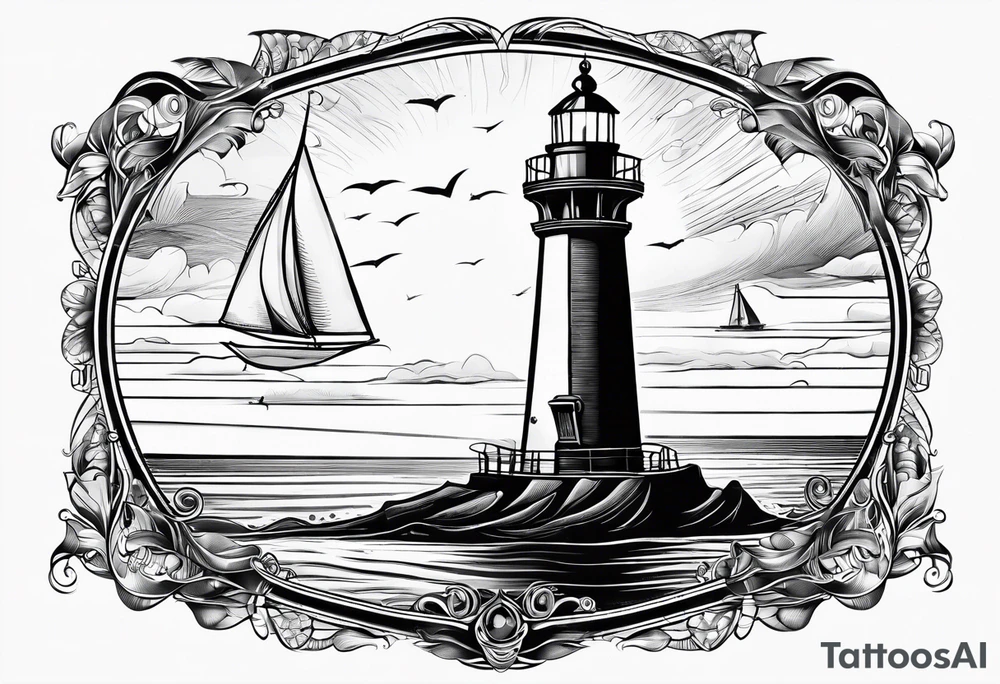 voilier vue de face. phare maritime fixé au centre du voilier et utilisé comme un mat pour les voiles. tattoo idea