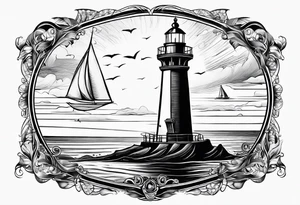voilier vue de face. phare maritime fixé au centre du voilier et utilisé comme un mat pour les voiles. tattoo idea