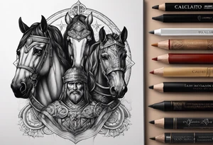 Os quatro cavaleiros do apocalipse lado a lado, com aparência sombria, retratados com seus acessórios e cavalos descritos conforme a biblia. tattoo idea