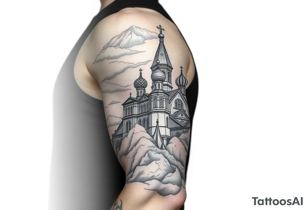 russian orthodox christian left arm tattoo with st basils cathederal in a mountainous setting with clouds tattoo idea