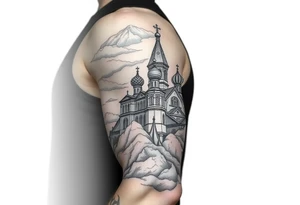 russian orthodox christian left arm tattoo with st basils cathederal in a mountainous setting with clouds tattoo idea